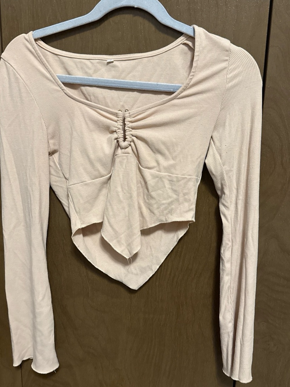 Women’s Long Sleeve Ruched Front Crop Top in Light Beige